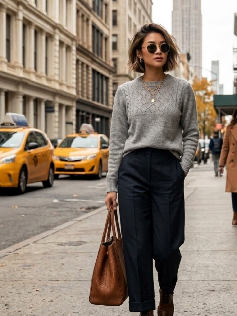 ZARA Gray Crewneck Pointelle Yoke Sweater